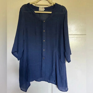 Gaya Silk Cotton Navy 3/4 Sleeve Blouse Size Medium/Large Lagenlook‎